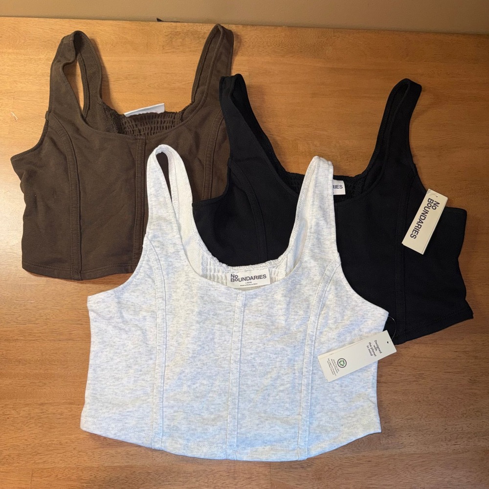 No Boundaries Womens Corset Crop Top Bundle 3 Pack Black Brown Gray Large 12-14